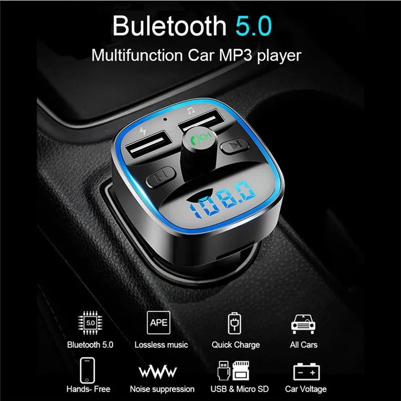 2 USB Ports Car Hands-free Bluetooth-compaitable 5.0 FM Transmitter Car Kit MP3 Modulator Player USB Fast Charger Au